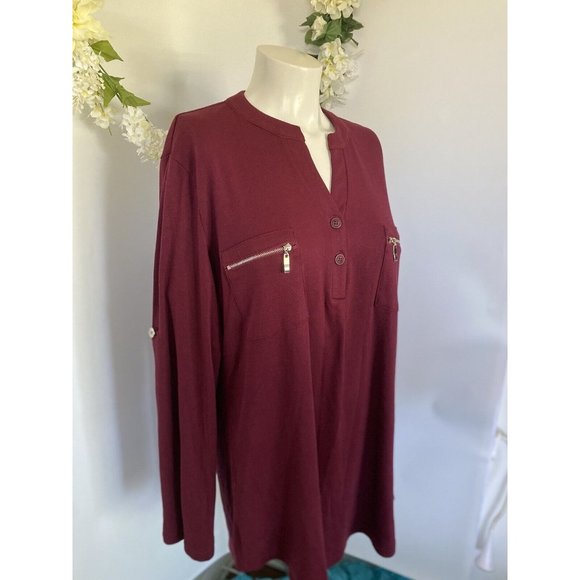 Siddhe Tunic Top Button Front V Neck 3/4 Rolled Long Sleeve Zip Burgundy 2XL NWT - Picture 6 of 16